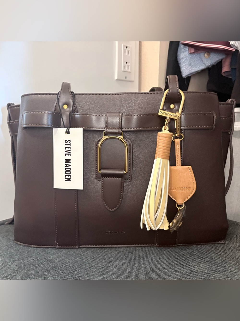 Steve Madden Dark Brown Leather Tote with Tassel Charm